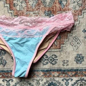Lace Trim Pink and Blue Women's Bikini Bottom L/XL